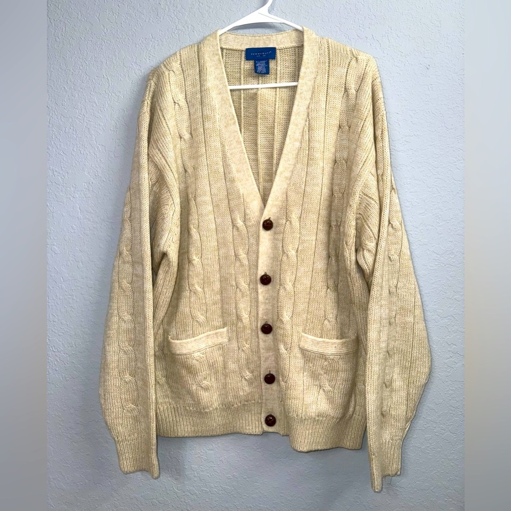 Towncraft Cream Cardigan Sweater V-Neck Ribbed Knit
